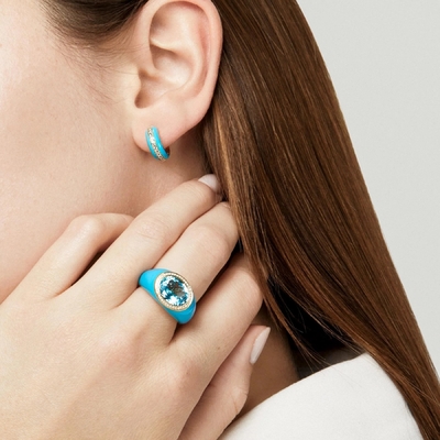 Micro-Inserts 18K Gold Plated Blue Topaz Enamel Fashion Vrouwen Messing Ringen