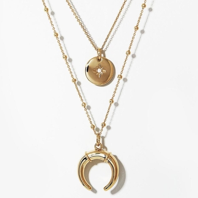 Goud glinsterende gelaagde ketting set 45cm Zirconia munt hoorn hanger ketting