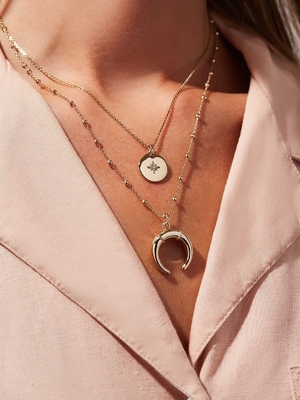 Goud glinsterende gelaagde ketting set 45cm Zirconia munt hoorn hanger ketting