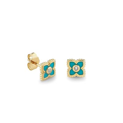 18K verguld Turquoise Emaille Mini Stud Bloemen Oornappen in 925 Sterling Zilver