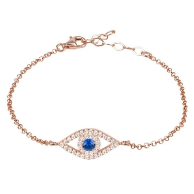Rozengoud Dun zilveren ketting Armband Wit Blauw CZ Oog 925 Sterling zilver