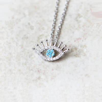 925 Sterling zilver Micro Pave Clear CZ en Turquoise Evils Ogen Hanger Halsketting Halskettingen