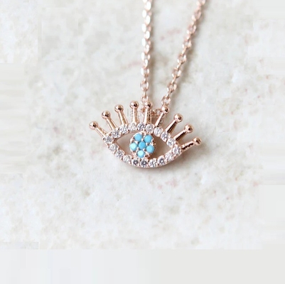 925 Sterling zilver Micro Pave Clear CZ en Turquoise Evils Ogen Hanger Halsketting Halskettingen