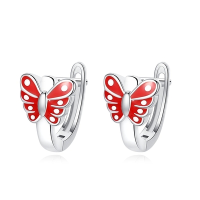 Vlinder Rood Emaille Kinderen Sterling Zilveren Hoop oorbellen Witgoud