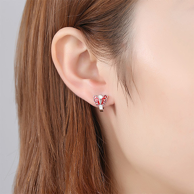 Vlinder Rood Emaille Kinderen Sterling Zilveren Hoop oorbellen Witgoud