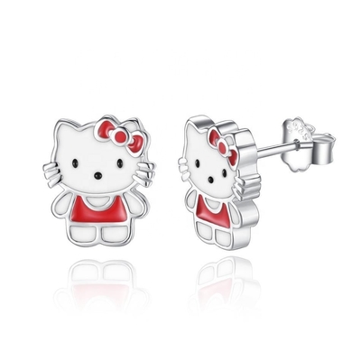 Kitty Childrens zilveren oorbellen rood wit zwart glazuur sieraden in 925 zilver