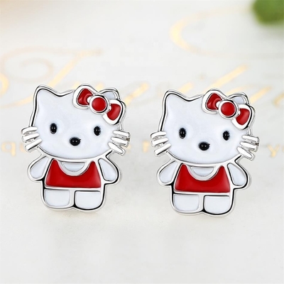 Kitty Childrens zilveren oorbellen rood wit zwart glazuur sieraden in 925 zilver