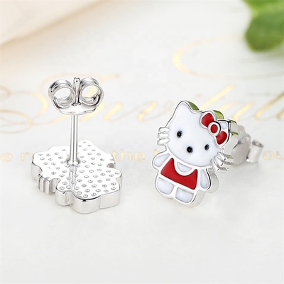 Kitty Childrens zilveren oorbellen rood wit zwart glazuur sieraden in 925 zilver