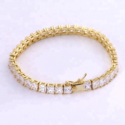 Unisex handgemaakte 18k goud hip hop ijzige vierkant gesneden diamant CZ 925 sterling zilver stapel tennis armband