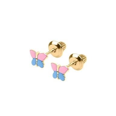 18K Geel Goud Roze Blauwe Emaille Vlinder Oornappen Met E-coating