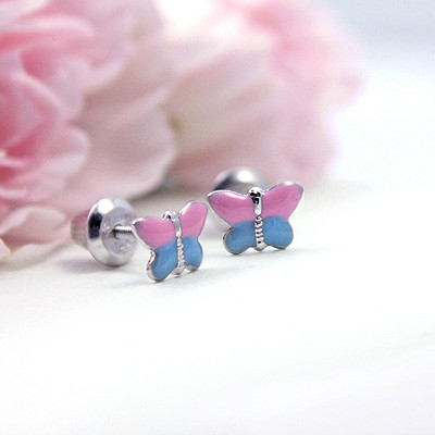 18K Geel Goud Roze Blauwe Emaille Vlinder Oornappen Met E-coating