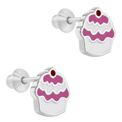 Cupcake Roze Emaille 925 Sterling Zilver Schroef Sluiting Kinder Oorbellen Sieraden