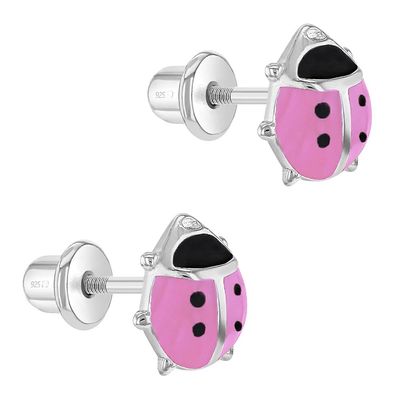 925 Sterling Silver 8mm Pink and Black Enamel Ladybug Stud Earrings for Baby Girls with Screw Back