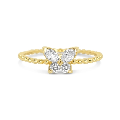 925 Sterling zilveren damesring met handgemaakte 18k goud geplatte bal en Marquise Butterfly