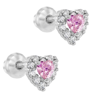 Rozen goud geplatte hart roze CZ schroef terug stud oorbellen voor kinderen in 925 sterling zilver