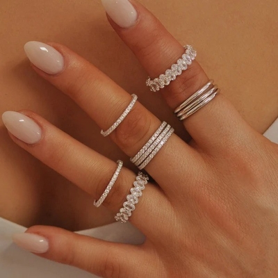 18K goud geplatte stapelbare trouwband eeuwigheid ring voor vrouwen 925 sterling zilver set