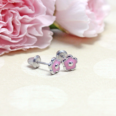 Mooi, trendy, roze bloemen-glazuur, schroef-achterhoorn, schattig 925 sterling zilver ontwerp.