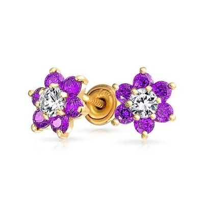 Flower Amethyst CZ Birthstone Baby Girls 925 Sterling Silver Schroef Back Stud Ohrringe