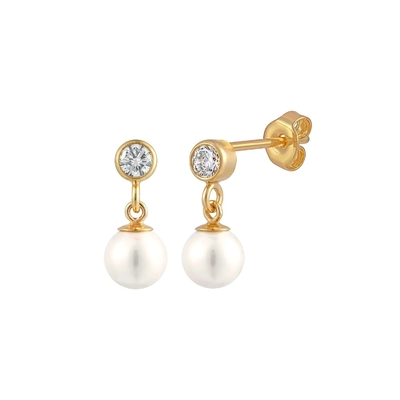 Bezel Setting CZ Stud Ohrring Wit Pearl 925 Sterling Zilveren Drop Ohrring