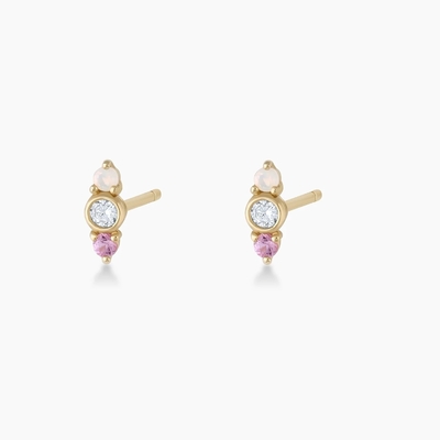 Witte opaal en roze saffier CZ stuw oorbellen Drie stenen kubische zirconia stuw