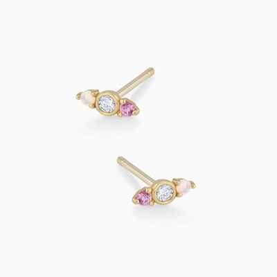Witte opaal en roze saffier CZ stuw oorbellen Drie stenen kubische zirconia stuw