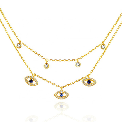 Dubbele laag Evil Eye Bezel Set Diamant Ketting Vrouwen Bezel Set Hangers