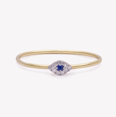 Classic Style Mini Pave Ring met Diamanten Oog en Blauwe Saffira in 925 Sterling Zilver