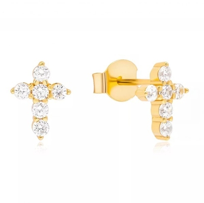 18K verguld Micron Pave Cross Stud oorbel in 925 Sterling zilver voor meisjes