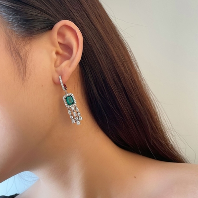 Echt Sterling Zilver 925 Groen Baguette CZ Diamant Lange Hoop oorbellen voor Unisex Wear