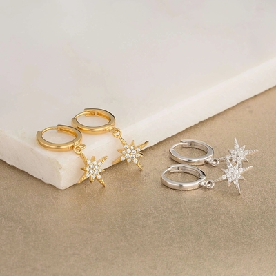Luxe Starburst Goudgeplatte Hoop Ohrringen 925 Goudgeplatte Kleine Hoop Ohrringen