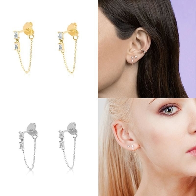 Verkoop Baguette Cube Zircon Threader Stud Oorbellen Juwelen 925 Sterling zilver voor vrouwen