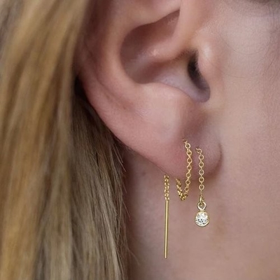 925 Sterling zilver Simply 18K Gold Plated Women's Bezel Drop Chain Threader Earring