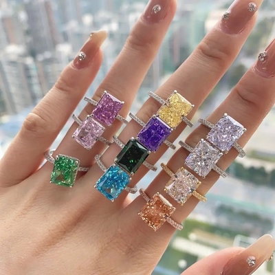 Verzilverde baguette Blauw Diamant 5A Ice Cut CZ Verlovingsring voor vrouwen 925 Sterling zilver
