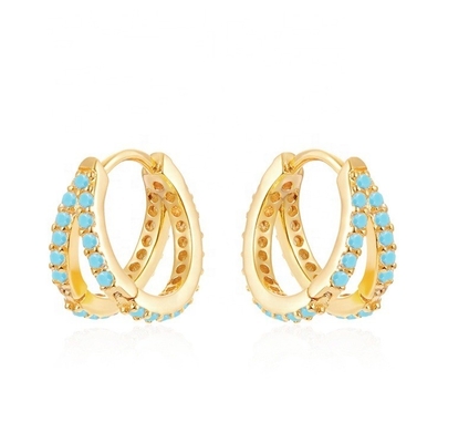 Rhodiumgeplatte dubbele turquoise 925 sterling zilver kubische zirconia oorbel voor vrouwen