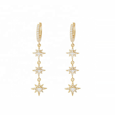 Goud geplatte 925 zilveren Braziliaanse Starburst Long Dangle Hoop oorbellen voor vrouwen