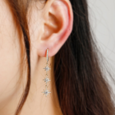 Goud geplatte 925 zilveren Braziliaanse Starburst Long Dangle Hoop oorbellen voor vrouwen