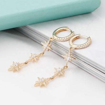 Goud geplatte 925 zilveren Braziliaanse Starburst Long Dangle Hoop oorbellen voor vrouwen