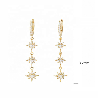 Goud geplatte 925 zilveren Braziliaanse Starburst Long Dangle Hoop oorbellen voor vrouwen