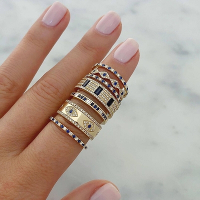 Blauwe saffier wit CZ oog vrouwen eeuwigheid band koper eeuwigheid ring voor vrouwen