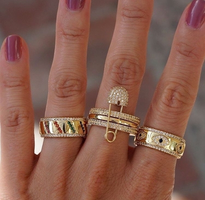 Blauwe saffier wit CZ oog vrouwen eeuwigheid band koper eeuwigheid ring voor vrouwen