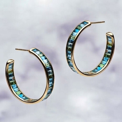 Juwelen Hoofdmateriaal Zilveren baguette Blauw en groen Topaz Stud Hoops voor klassieke stijl