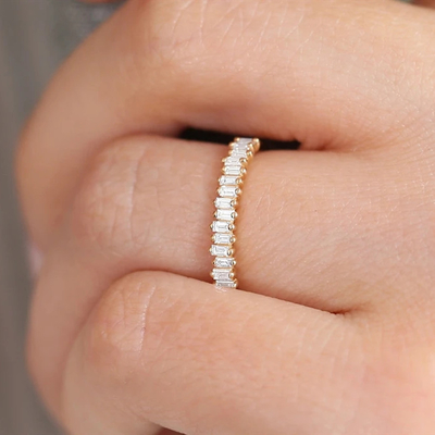 925 Sterling zilver CZ Diamant baguette Vrouwen eeuwigheid ring met gele goud