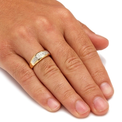 Zilver / Messing mannen prong set diamant trouwring In 18k goud bekleed met Pave Diamanten