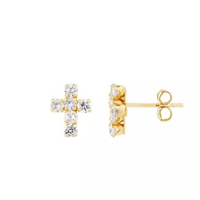925 Sterling zilver witte kubische zirconia kruis knop stud oorbellen met 18K goud