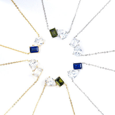 Warme verkoop 925 zilveren kussensnijden saffier en rechthoekige snijden witte zircon kleur blok zirconia dubbele steen hanger halskettingen