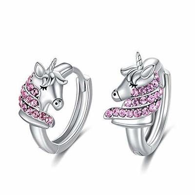 925 Sterling Silver Unicorn Huggie oorbellen 16mm Roze CZ voor kinderen