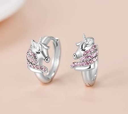 925 Sterling Silver Unicorn Huggie oorbellen 16mm Roze CZ voor kinderen