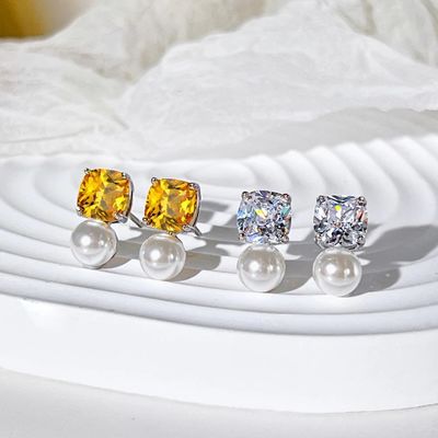 925 Sterling Silver Freshwater Pearl Stud Earrings with Cushion Cut Zircon for Women