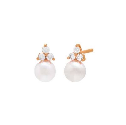 925 Sterling Silver AAAA Grade Gold Plated Freshwater Pearl Stud Earrings with Diamond Studs