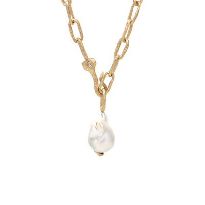 18K Gold Plated Natural Freshwater Baroque Pearl Necklace with Chunky Chain and CZ